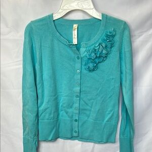 Cherokee Blue Button-Up Sweater with Floral Embellishment